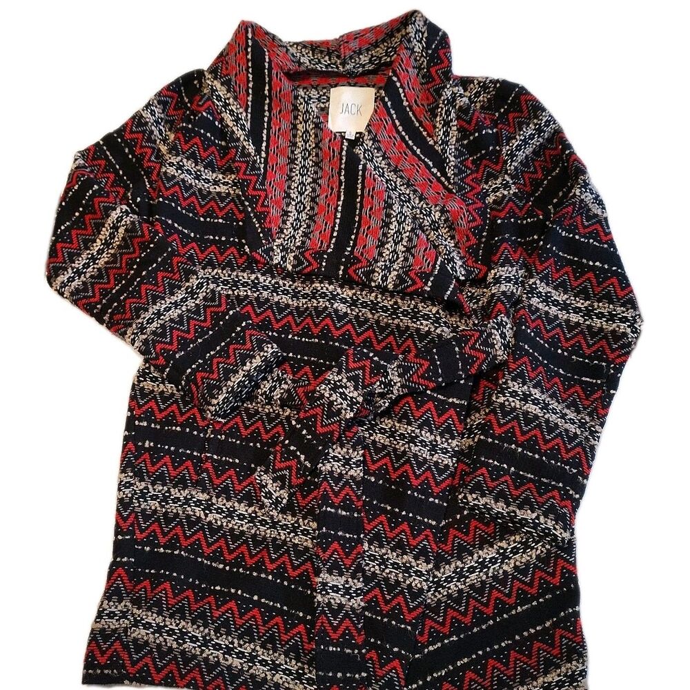 Jack Women's Sweater Cardigan Sz S Red Black Geometric Print Belted Long Sleeve